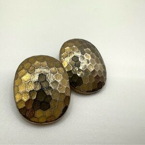 Hammered Antique Clip on earrings Gold and Brown Honeycomb Pattern